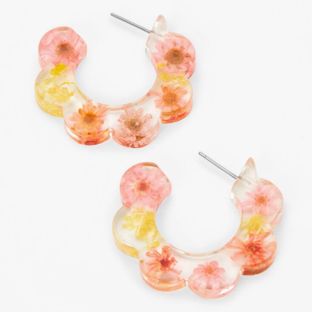 NEW Pink & Yellow 30MM Resin Floral Hoop Earrings